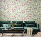 Purity Bird Song Seafoam & Rose wallpaper by Hoopla Walls shown on a full wall