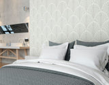 Elegance Leaf Fan Grey wallpaper by Hoopla Walls shown on a full wall