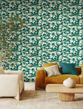 Hanashi Suiren Peacock wallpaper by Ohpopsi shown on a full wall