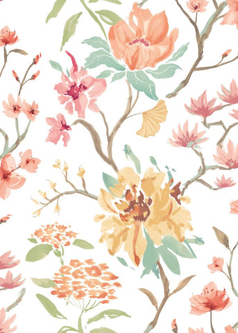 Hanashi Saku Linen & Apricot wallpaper by Ohpopsi, a neutral floral design