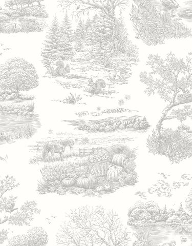 Riches of Nature Eve Toile Dove wallpaper by Ohpopsi, a grey toile design