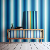 So Stripey Rainbow Bloc Cobolt Mix wallpaper by Ohpopsi shown on a full wall
