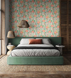 Riches of Nature Emily Rose Mint & Peach wallpaper by Ohpopsi shown on a full wall