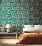 Eden Vol 1 Lily Ogee Teal wallpaper by Hoopla Walls in a styled bedroom