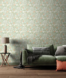 Eden Vol 1 Seaweed Garden Sage & Apricot wallpaper by Hoopla Walls in a styled living room