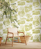 Riches of Nature Eve Toile Olive wallpaper by Ohpopsi shown on a full wall