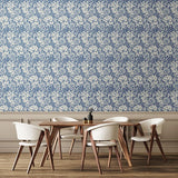 Eden Vol 1 Chrysanthemum Indigo Blue wallpaper by Hoopla Walls in a styled dining room