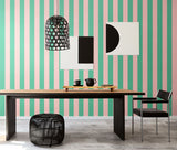 So Stripey Bloc Stripe Jade Blossom wallpaper by Ohpopsi shown on a full wall