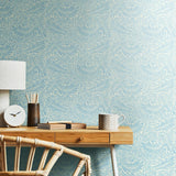 Elegance Leaf Vine Wedgewood Blue wallpaper by Hoopla Walls shown on a full wall
