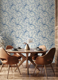 Purity Bird Toile Dark Denim wallpaper by Hoopla Walls shown on a full wall
