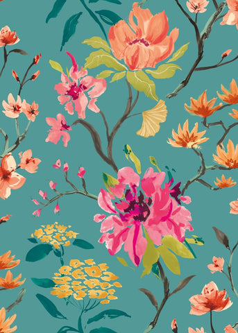Hanashi Saku Peacock & Rose wallpaper by Ohpopsi, a teal floral design