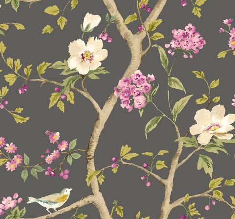 Purity Bird Song Plum & Noir wallpaper by Hoopla Walls, a purple floral design