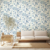 Hanashi Shadow Bamboo Sapphire wallpaper by Ohpopsi shown on a full wall