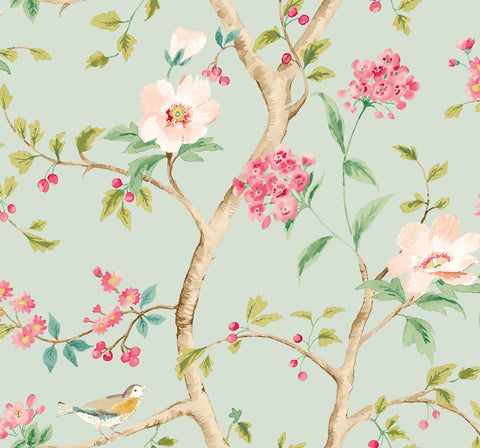 Purity Bird Song Seafoam & Rose wallpaper by Hoopla Walls, a teal floral design