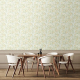 Eden Vol 1 Rosehip Trail Sage Green wallpaper by Hoopla Walls in a styled dining room