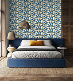 Hanashi Suiren Indigo wallpaper by Ohpopsi shown on a full wall