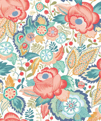 Riches of Nature Emily Rose Petrol & Coral wallpaper by Ohpopsi, a teal floral design