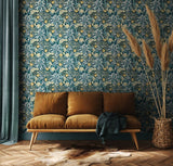 Eden Vol 1 Seaweed Garden Petrol Blue wallpaper by Hoopla Walls in a styled living room