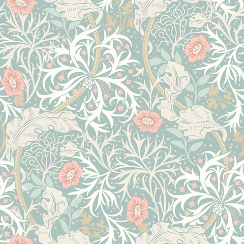Eden Vol 1 Seaweed Garden Seafoam wallpaper by Hoopla Walls, a teal leaf design