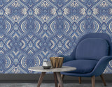 Elegance Ogee Damask Navy Blue wallpaper by Hoopla Walls shown on a full wall