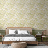Eden Vol 1 Honeysuckle Leaf Trail Stone Natural wallpaper by Hoopla Walls in a styled bedroom