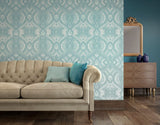 Elegance Ogee Damask Duck Egg Blue wallpaper by Hoopla Walls shown on a full wall