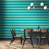 So Stripey Bloc Stripe Rich Teal wallpaper by Ohpopsi shown on a full wall