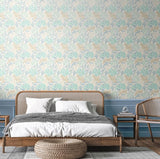 Eden Vol 1 Chrysanthemum Duckegg Blue wallpaper by Hoopla Walls in a styled bedroom