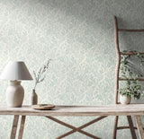 Eden Vol 2 Thistle Damask Duck Egg wallpaper by Hoopla Walls shown on a full wall