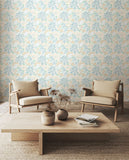 Eden Vol 1 Seaweed Garden Soft Blue wallpaper by Hoopla Walls in a styled living room
