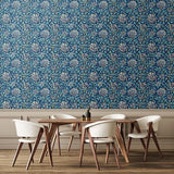 Eden Vol 1 Honeysuckle Leaf Trail Navy Blue wallpaper by Hoopla Walls in a styled dining room