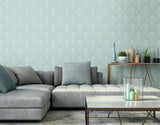 Elegance Leaf Fan Duck Egg Blue wallpaper by Hoopla Walls shown on a full wall