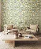 Eden Vol 1 Honeysuckle Leaf Trail Seafoam wallpaper by Hoopla Walls in a styled living room