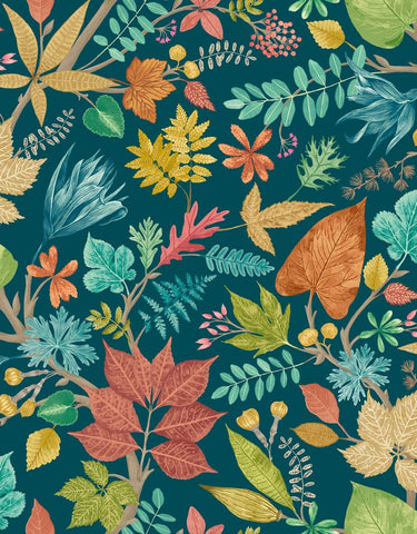 Riches of Nature Lush Leaves Teal & Corn wallpaper by Ohpopsi, a teal leaf design