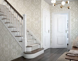 Elegance Ogee Damask Natural wallpaper by Hoopla Walls shown on a full wall