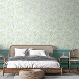 Eden Vol 1 Rosehip Trail Seafoam wallpaper by Hoopla Walls in a styled bedroom