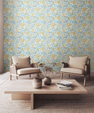 Eden Vol 1 Honeysuckle Leaf Trail Soft Blue wallpaper by Hoopla Walls in a styled living room