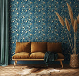 Eden Vol 1 Rosehip Trail Navy Blue wallpaper by Hoopla Walls in a styled living room