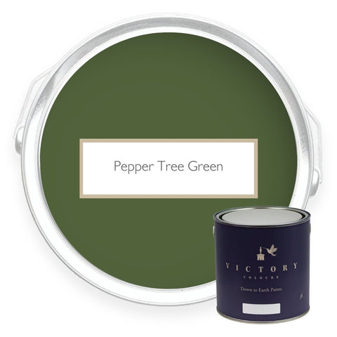 Two tins of Pepper Tree dark green eco paint from Victory Colours