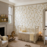 Neutral floral wallpaper in a nursery, Pomegranate Trail Linen Mix by OHPOPSI, with joinery painted in Meadow Lilly