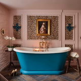 Room painted in Port Isaac Blue deep teal and Pink Pearl pale pink eco paint