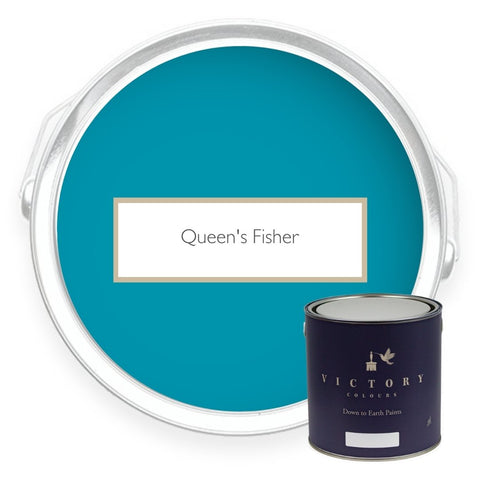 Two tins of Queen's Fisher teal blue eco paint from Victory Colours