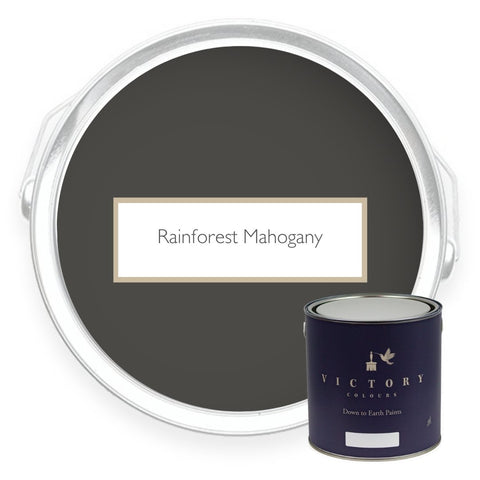 Two tins of Rainforest Mahogany deep brown eco paint from Victory Colours