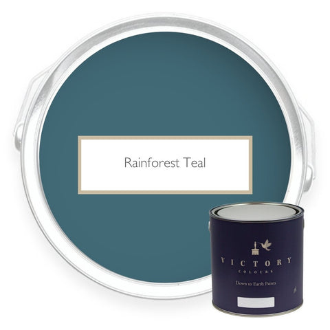 Two tins of Rainforest Teal teal eco paint from Victory Colours