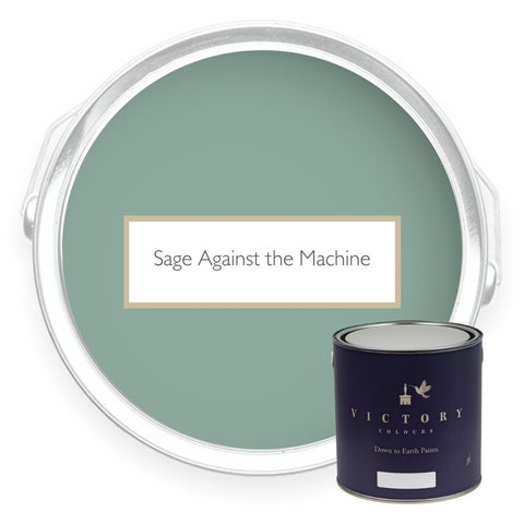Two tins of Sage Against the Machine sage green eco paint from Victory Colours