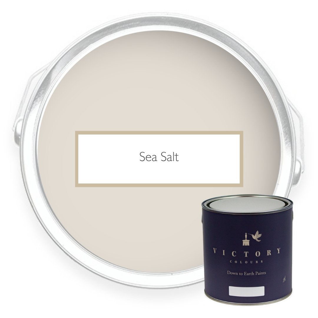 Two tins of Sea Salt pale neutral eco paint from Victory Colours