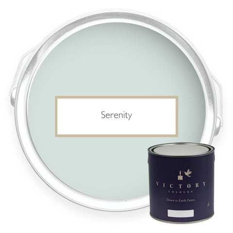 Two tins of Serenity pale duck egg blue eco paint from Victory Colours
