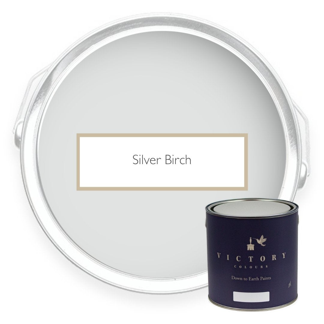 Two tins of Silver Birch grey white eco paint from Victory Colours