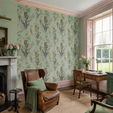 Green abstract wallpaper in a morning room, Spirit - Viridian by OHPOPSI, with joinery painted in Green Envy
