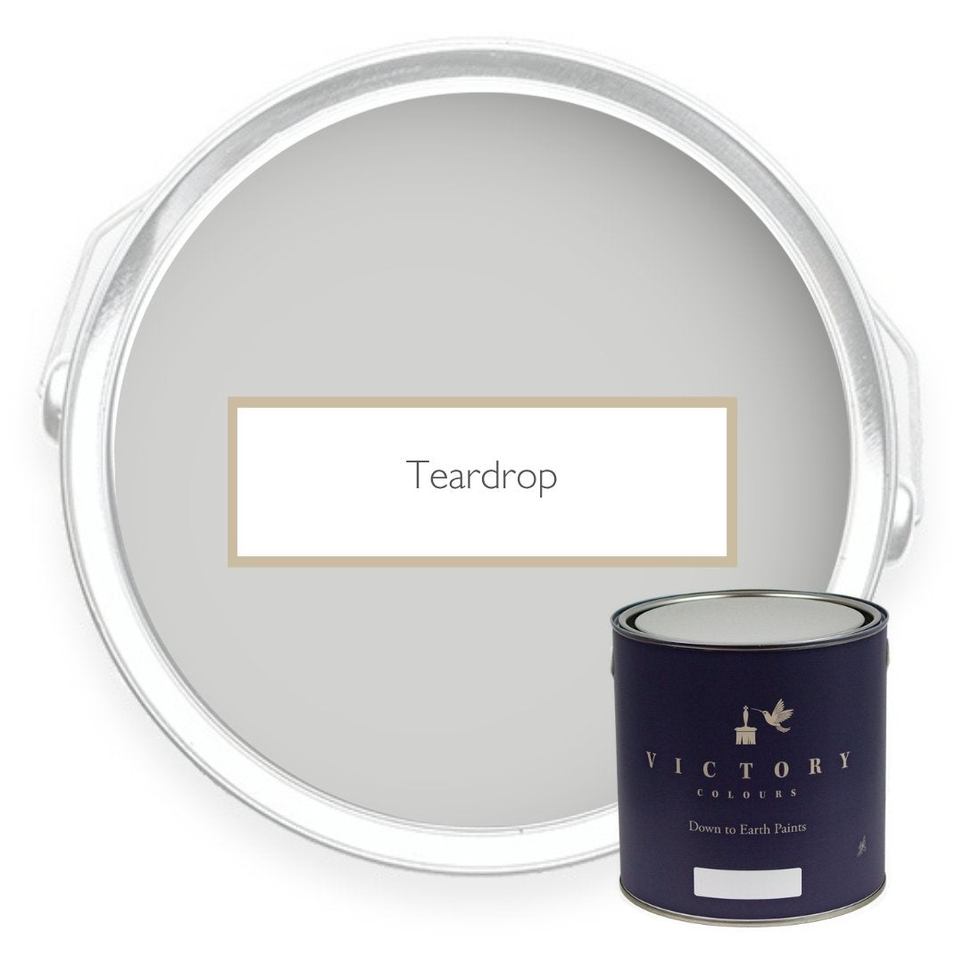 Two tins of Teardrop mid grey eco paint from Victory Colours